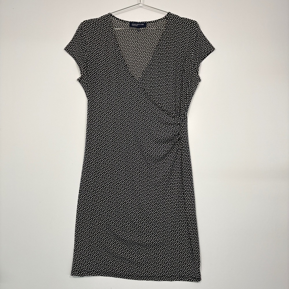 Jones New York Women Dress L Black Polka Dot Faux Wrap Cap Sleeve Ruched 10664